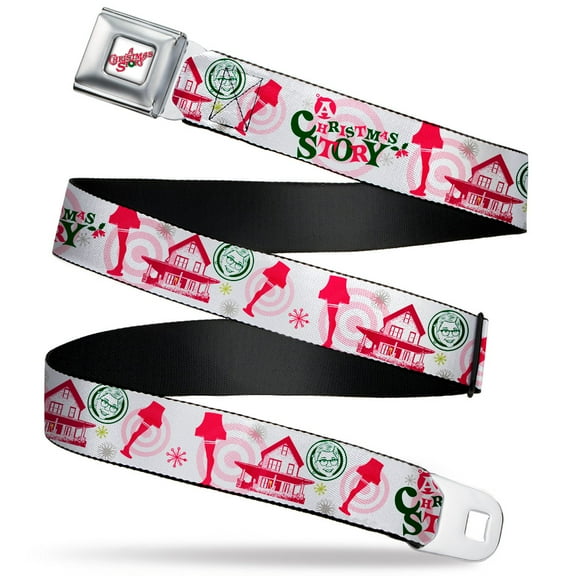 Warner Bros. Holiday Movies Belt, Seatbelt Buckle Belt, A Christmas Story Icons Collage White Reds Greens, 24 to 38 Inches