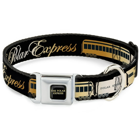 Warner Bros. Holiday Movies Pet Collar, Dog Collar Metal Seatbelt Buckle, Polar Express Train Cars Black Golds, 15 to 24 Inches 1.0 Inch Wide