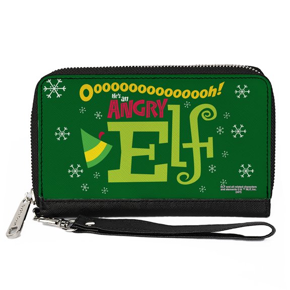 Warner Bros. Holiday Movies Wallet, Zip Around, Elf Oh Hes an Angry Elf Quote Greens Yellow Red, Vegan Leather