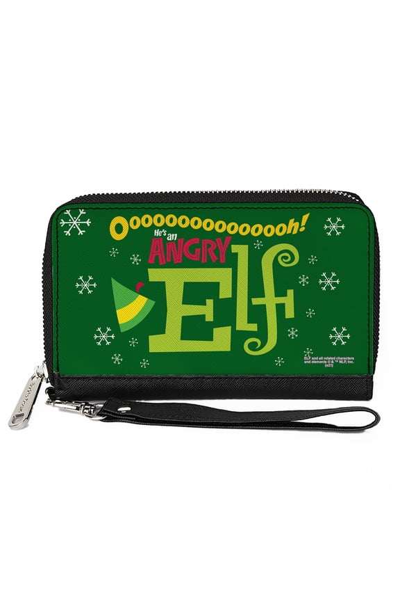 Warner Bros. Holiday Movies Wallet, Zip Around, Elf Oh Hes an Angry Elf Quote Greens Yellow Red, Vegan Leather