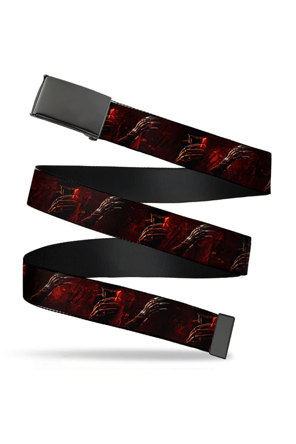 Adjustable Belt, Clamp Buckle, Cut-to-Fit, Freddy Poses Quote Scrawls Hand Scratching Reds Black