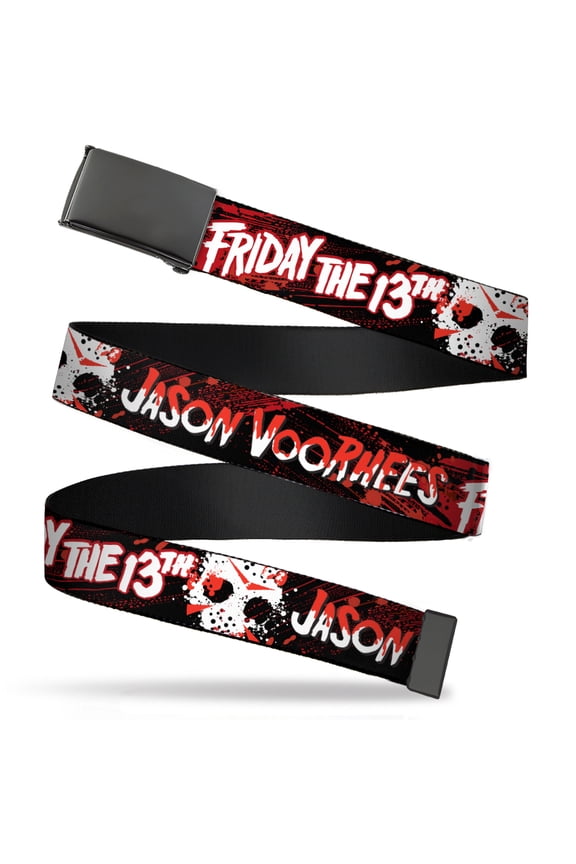 Adjustable Belt, Clamp Buckle, Cut-to-Fit, Friday the 13th Jason Voorhies Mask Text Black Red White