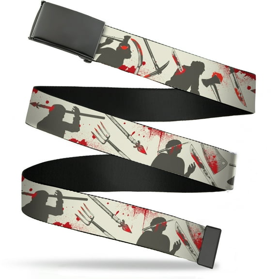 Warner Bros. Horror Movies Belt, Flip Web Belt Friday the 13th Weapons and Character Icons Collage Grays Red, 1.25 Inch Wide, Fits up to Size 42