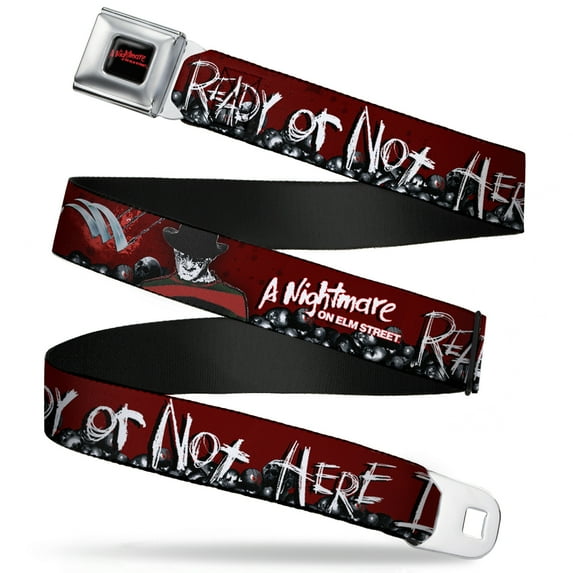 Warner Bros. Horror Movies Belt, Seatbelt Buckle Belt, A Nightmare on Elm Street Ready or Not Freddy Skulls, 32 to 52 Inches