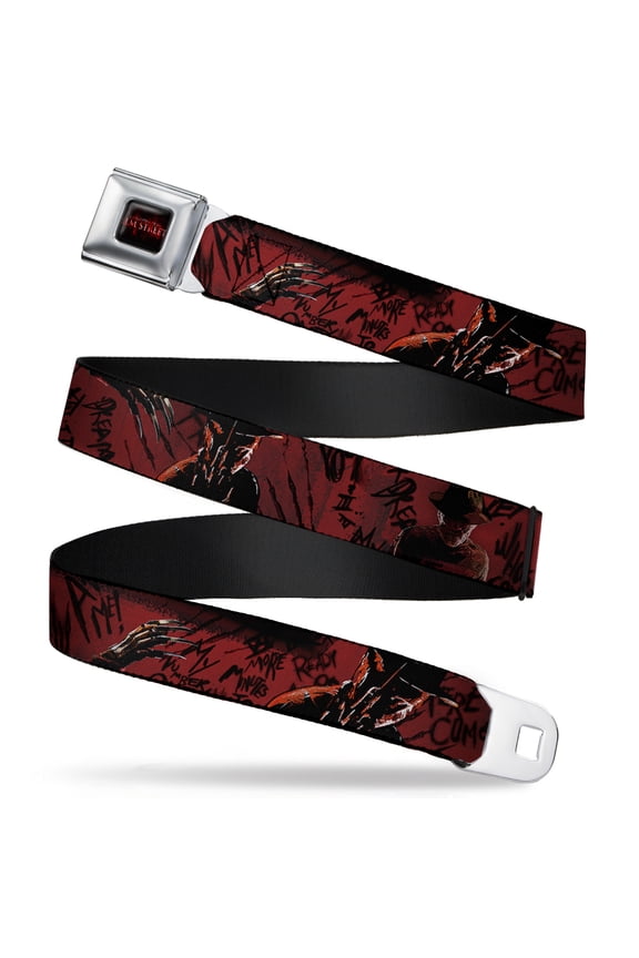 Warner Bros. Horror Movies Belt, Seatbelt Buckle Belt, Freddy Poses Quote Scrawls Hand Scratching Reds Black, Youth 22 to 32 Inches