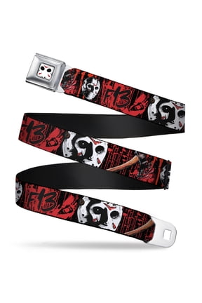 Warner Bros. Horror Movies Belt, Seatbelt Buckle Belt, Friday the 13th Jason Mask Axe Blood Splatter Black Red, 34 to 52 Inches