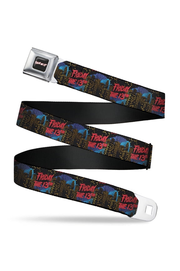Warner Bros. Horror Movies Belt, Seatbelt Buckle Belt, Friday the 13th Jason Takes Manhattan Skyline Logo Black, Youth 22 to 32 Inches