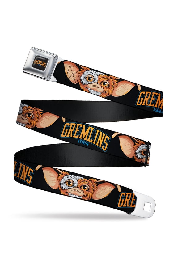 Warner Bros. Horror Movies Belt, Seatbelt Buckle Belt, Gremlins 1984 Gizmo Face Close Up Black, Youth 22 to 32 Inches