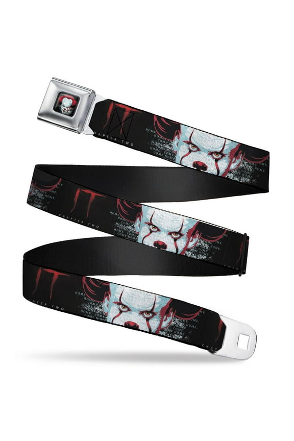 Warner Bros. Horror Movies Belt, Seatbelt Buckle Belt, It Chapter Two Pennywise Face Close Up Black Red Blues, 32 to 52 Inches