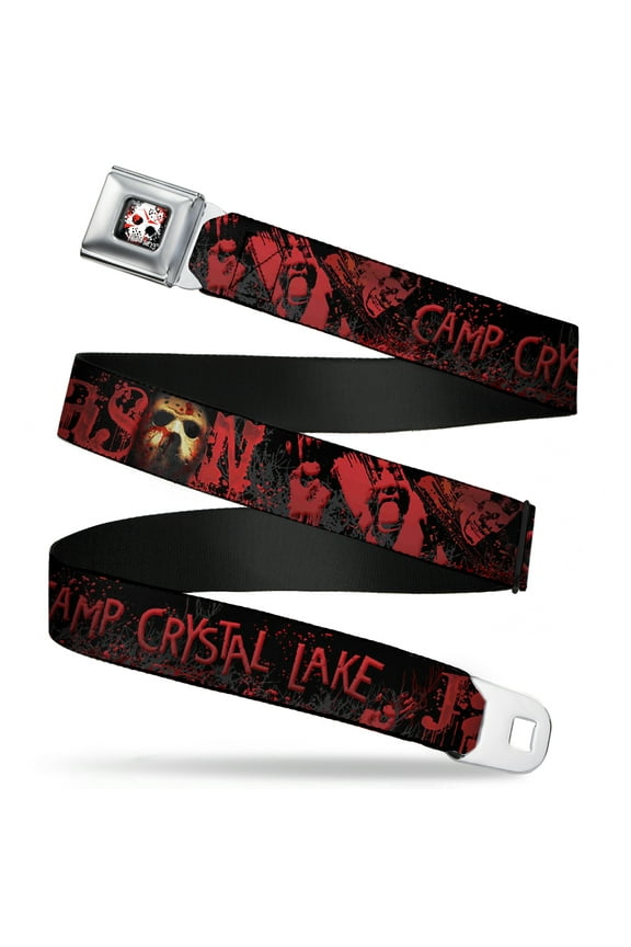 Warner Bros. Horror Movies Belt, Seatbelt Buckle Belt, Jason Mask Camp Crystal Lake Hand Prints Blood Black Reds, 30 to 44 Inches