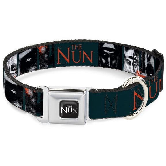 Warner Bros. Horror Movies Pet Collar, Dog Collar Metal Seatbelt Buckle, The Nun Demon Nun Valak Pose Blocks and Logo Blue Red White, 9.5 to 13 Inches 1.0 Inch Wide