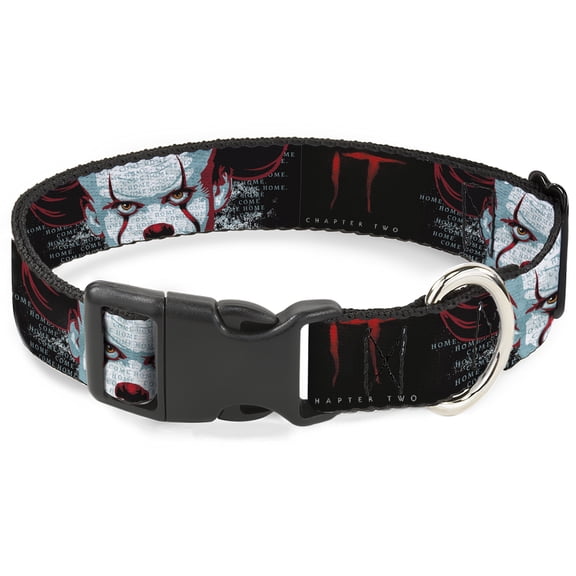 Warner Bros. Horror Movies Pet Collar, Dog Collar Plastic Buckle, It Chapter Two Pennywise Face Close Up Black Red Blues, 13 to 17 Inches 1.5 Inch Wide