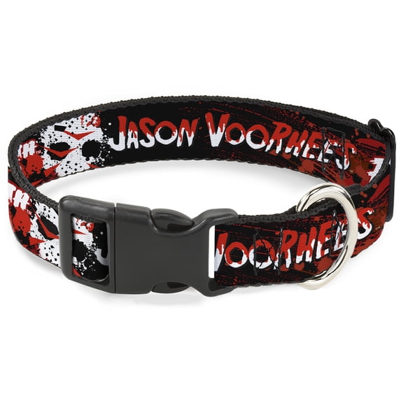 Warner Bros. Horror Movies Pet Collar, Dog Collar Plastic Buckle, Friday the 13th Jason Voorhies Mask Text Black Red White, 13 to 17 Inches 1.5 Inch Wide