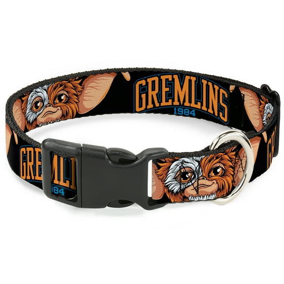 Warner Bros. Horror Movies Pet Collar, Dog Collar Plastic Buckle, Gremlins 1984 Gizmo Face Close Up Black, 7 to 8.5 Inches 0.5 Inch Wide