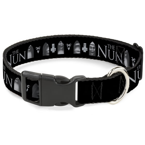 Warner Bros. Horror Movies Pet Collar, Dog Collar Plastic Buckle, The Nun Demon Nun Valak Face with Icons and Logo Black Grays, 11 to 16.5 Inches 1.0 Inch Wide
