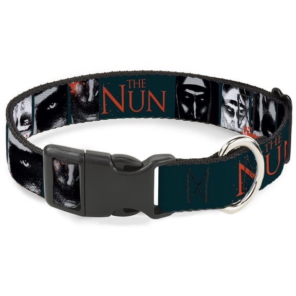 Warner Bros. Horror Movies Pet Collar, Dog Collar Plastic Buckle, The Nun Demon Nun Valak Pose Blocks and Logo Blue Red White, 9.5 to 14.5 Inches 0.5 Inch Wide