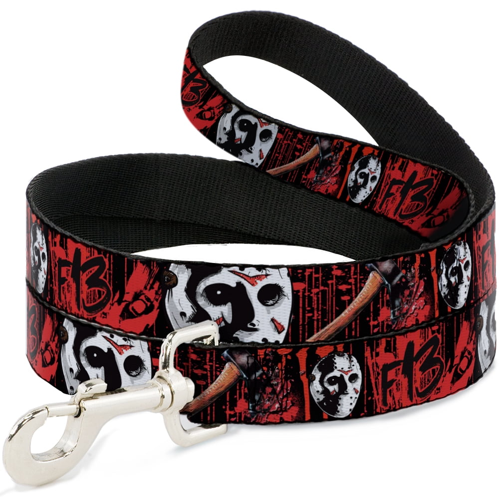 Warner Bros. Horror Movies Pet Leash, Dog Leash, Friday the 13th Jason Mask Axe Blood Splatter Black Red, 6 Feet Long 1.0 Inch Wide