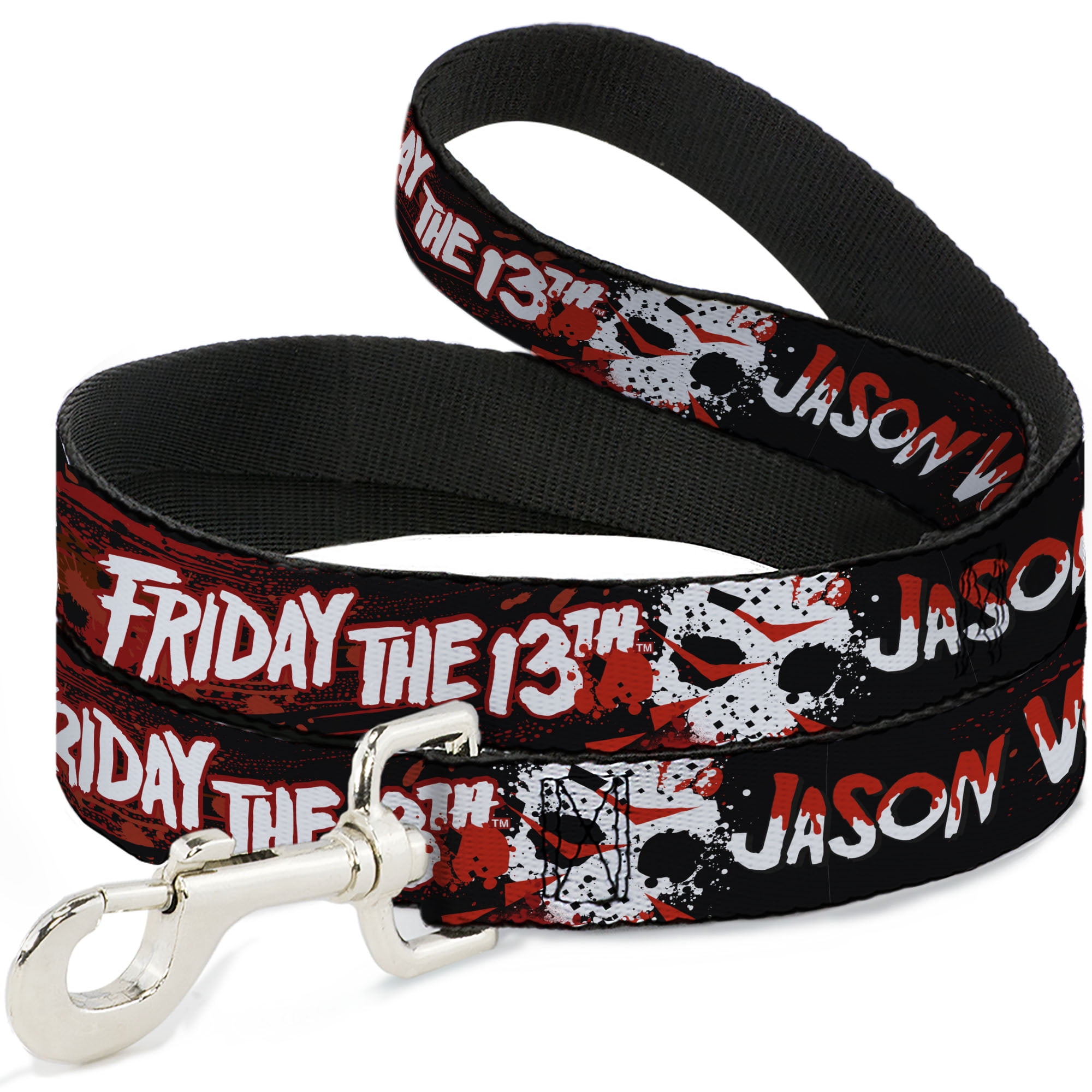 Warner Bros. Horror Movies Pet Leash, Dog Leash, Friday the 13th Jason Voorhies Mask Text Black Red White, 6 Feet Long 1.0 Inch Wide