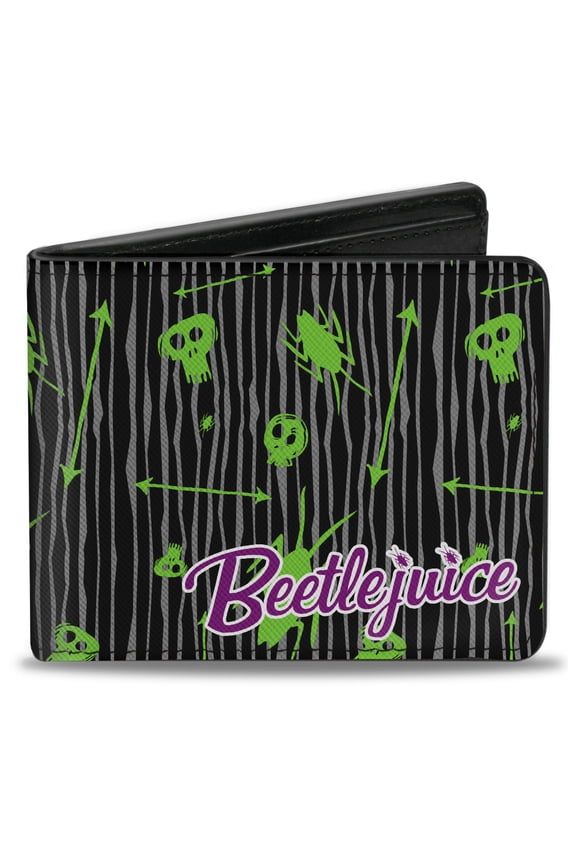 Warner Bros. Horror Movies Wallet, Bifold, Beetlejuice Roach Skull Doodles Black Gray Green Purple, Vegan Leather