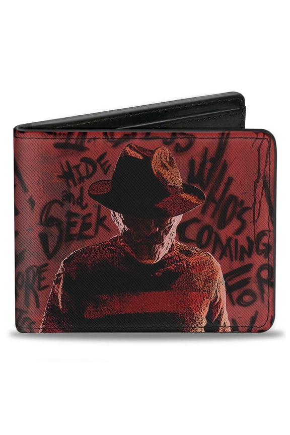 Warner Bros. Horror Movies Wallet, Bifold, Freddy Pose Quote Scrawls Hand Scratching Reds Black, Vegan Leather