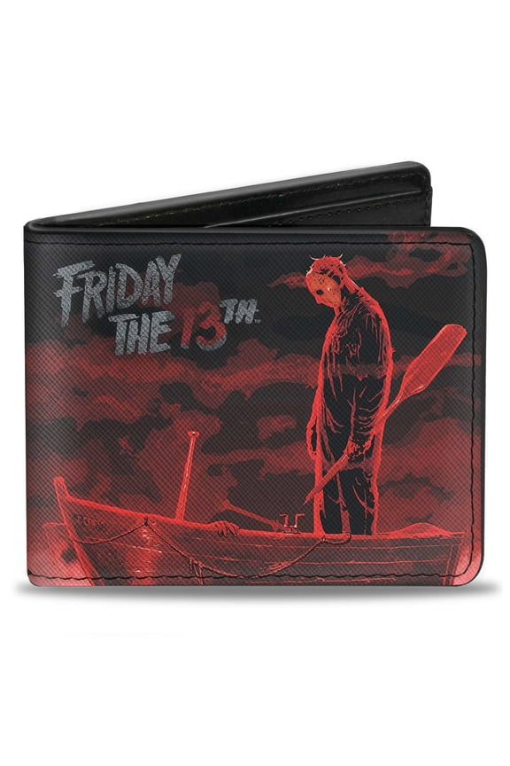 Warner Bros. Horror Movies Wallet, Bifold, Friday the 13th Jason Boat Murder Black Reds White, Vegan Leather