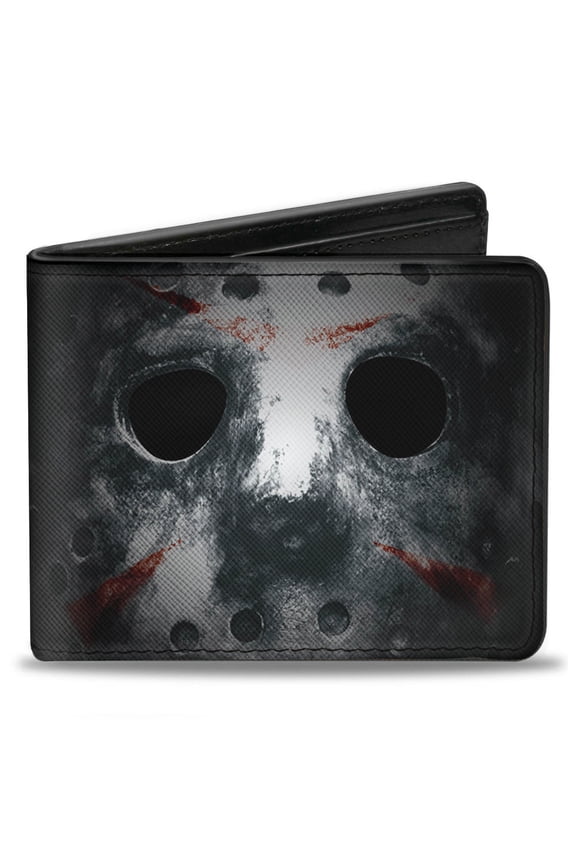 Warner Bros. Horror Movies Wallet, Bifold, Jason Mask Close Up Friday the 13th Black Grays Red, Vegan Leather