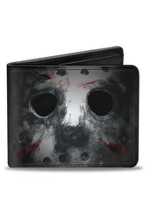 Warner Bros. Horror Movies Wallet, Bifold, Jason Mask Close Up Friday the 13th Black Grays Red, Vegan Leather