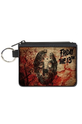 Warner Bros. Horror Movies Wallet, Coin Purse, Friday the 13th Jason Mask Trees Tans Blood Splatter Black, Canvas