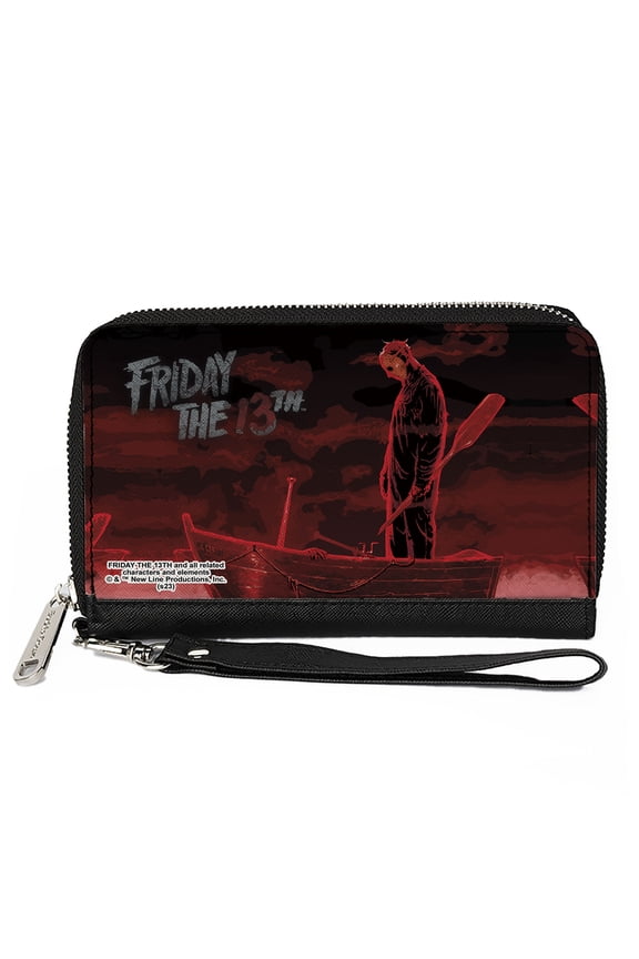 Warner Bros. Horror Movies Wallet, Zip Around, FRIDAY THE 13TH Jason Boat Scene Black/Reds/White, Vegan Leather