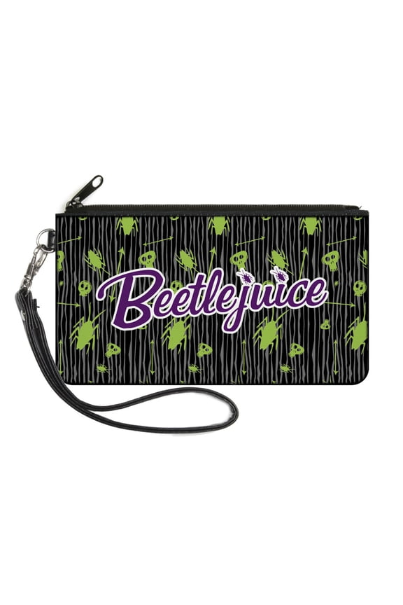 Warner Bros. Horror Movies Wallet, Zip Pouch, Beetlejuice Roach Skull Doodles Black Gray Green Purple, Canvas