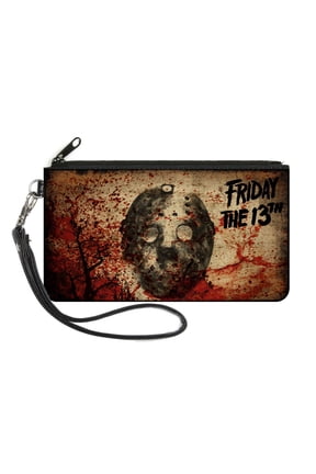 Warner Bros. Horror Movies Wallet, Zip Pouch, Friday the 13th Jason Mask Trees Tans Blood Splatter Black, Canvas