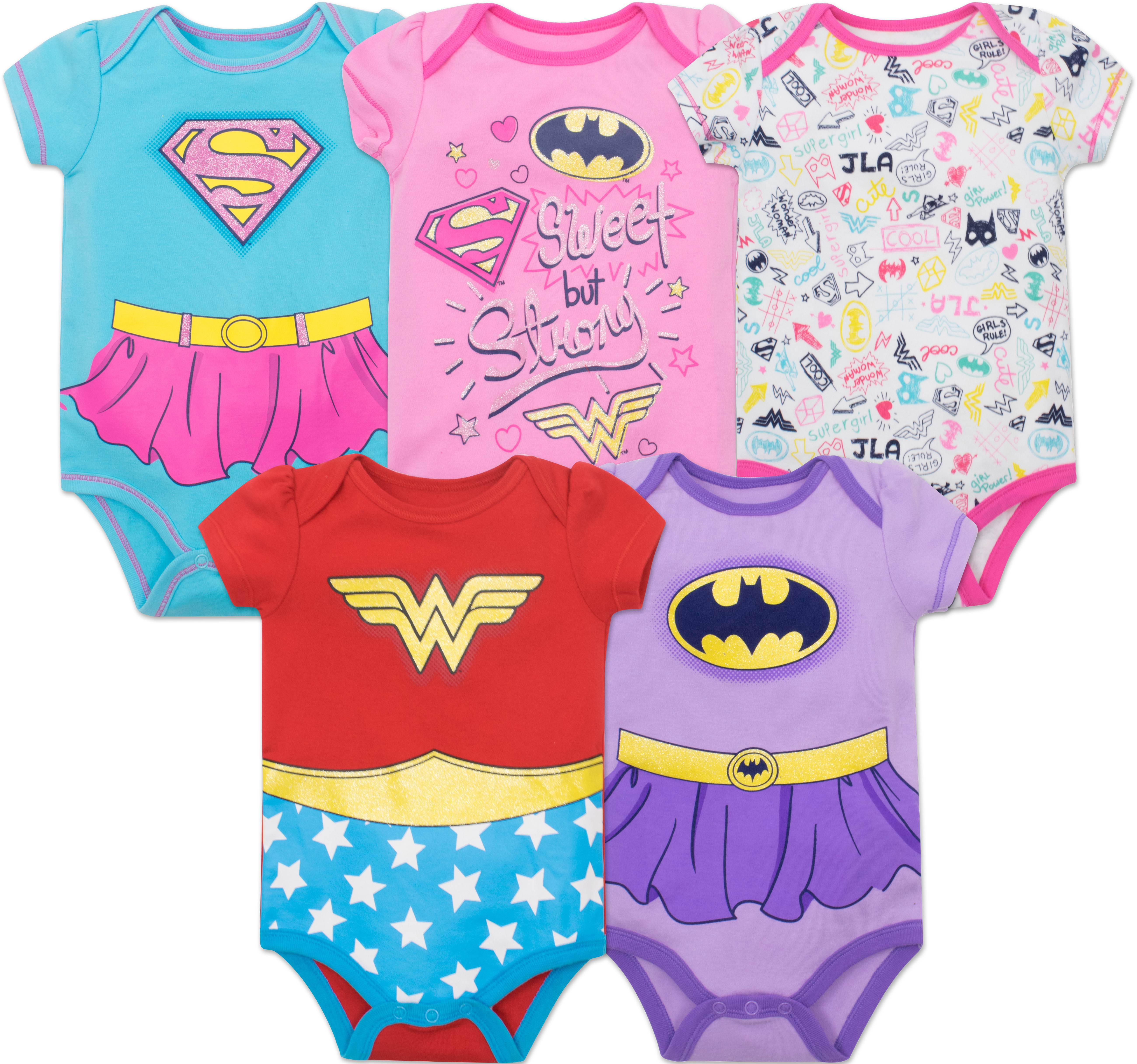 Warner Bros. Justice League Baby Girls' 5 Pack Onesies - Wonder Woman Batgirl and Supergirl (0-3M)