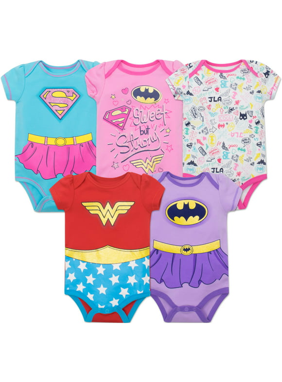 Warner Bros. Justice League Baby Girls' 5 Pack Onesies - Wonder Woman Batgirl and Supergirl (0-3M)