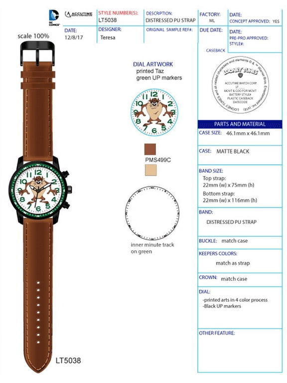 Warner Bros Looney Tunes "Taz"Unisex Adult Teen Analog Watch with Brown Strap - LT5038WM