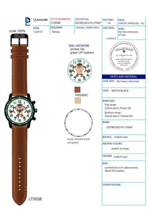 Warner Bros Looney Tunes "Taz"Unisex Adult Teen Analog Watch with Brown Strap - LT5038WM