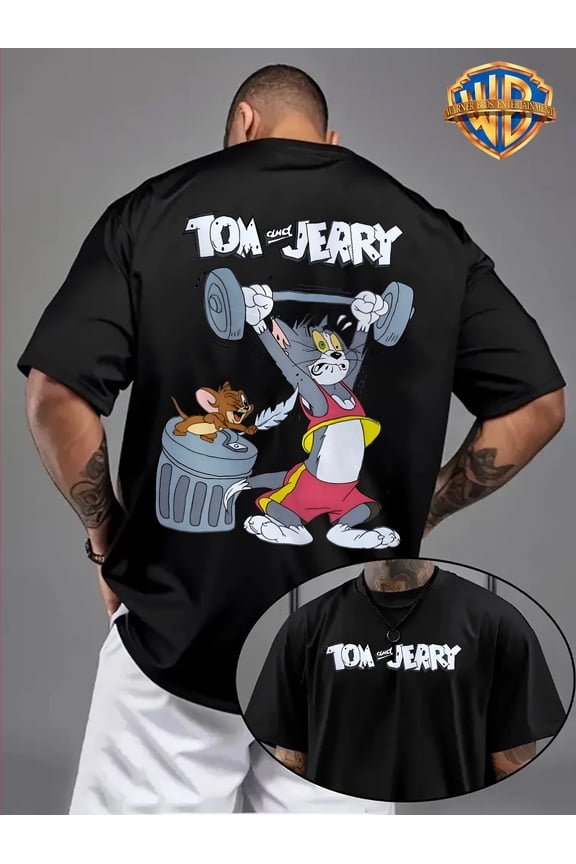 Warner Bros Official Tom & Jerry Vintage Gym T-Shirt - Back Print Heavy-Duty Design, Classic Fit Round Neck Tee for Men & Women - Casual Workout, Party Outfit - Machine Washable Retro Cartoon Shirt,