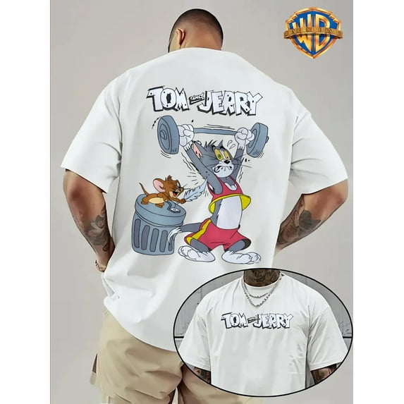 Warner Bros Official Tom & Jerry Vintage Gym T-Shirt - Back Print Heavy-Duty Design, Classic Fit Round Neck Tee for Men & Women - Casual Workout, Party Outfit - Machine Washable Retro Cartoon Shirt,