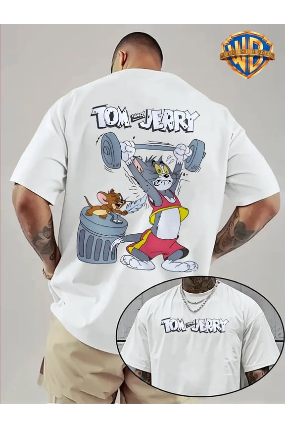 Warner Bros Official Tom & Jerry Vintage Gym T-Shirt - Back Print Heavy-Duty Design, Classic Fit Round Neck Tee for Men & Women - Casual Workout, Party Outfit - Machine Washable Retro Cartoon Shirt,