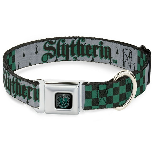 Warner Bros. Pet Collar, Dog Collar Metal Seatbelt Buckle, Harry Potter Slytherin Checker Blocks Grays Greens, 15 to 24 Inches 1.0 Inch Wide