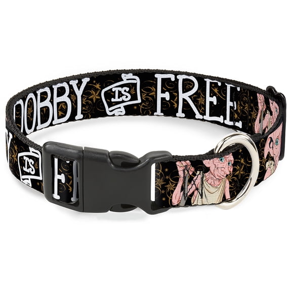 Warner Bros. Pet Collar, Dog Collar Plastic Buckle, Dobby Is Free 3 Dobby Poses Star Swirls Black Gold White, 8.5 to 12 Inches 0.5 Inch Wide