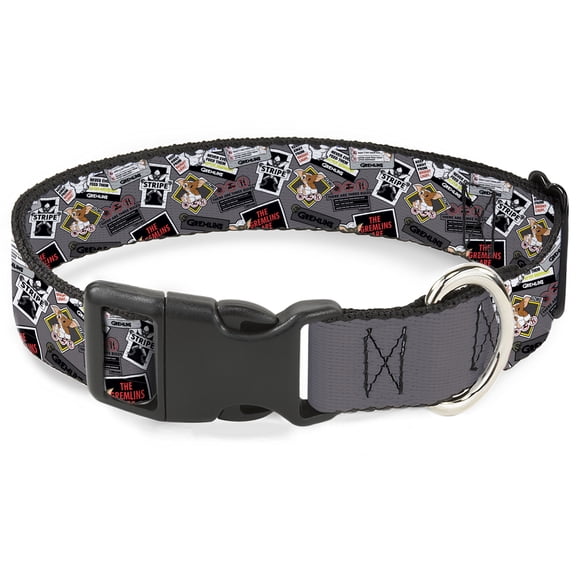 Warner Bros. Pet Collar, Dog Collar Plastic Buckle, Gremlins Gizmo Pose and Rules Collage Gray, 15 to 24 Inches 1.0 Inch Wide