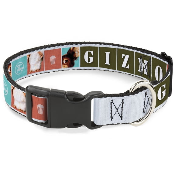 Warner Bros. Pet Collar, Dog Collar Plastic Buckle, Gremlins Gizmo Text and Pose Blocks White Multi Color, 7 to 8.5 Inches 0.5 Inch Wide