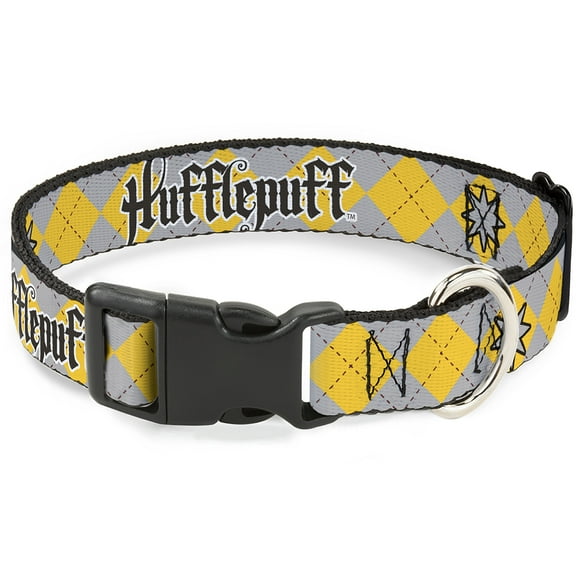 Warner Bros. Pet Collar, Dog Collar Plastic Buckle, Harry Potter Hufflepuff Stars Argyle Plaid Gray Gold Browns, 7 to 8.5 Inches 0.5 Inch Wide