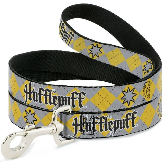 Warner Bros. Pet Leash, Dog Leash, Harry Potter Hufflepuff Stars Argyle Plaid Gray Gold Browns, 6 Feet Long 1.0 Inch Wide