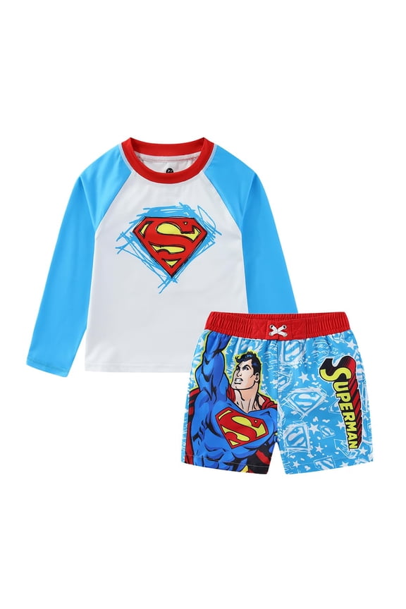 Warner Bros. Superman UPF 50+ Rash Guard and Swim Trunks Shorts Swimwear Set Swimsuit (Boys), 2 Piece Set, Sizes 3T-7