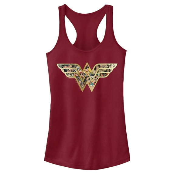 Warner Bros. Womens Wonder Woman Photo Fill Logo Slim Fit, Scoop Hem Racerback Tank Large Scarlet