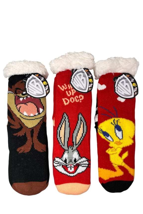 Warner Brothers Loony Tunes Sherpa Lined Gripper Bottom Socks 3pk Tweety Bugs Bunny Taz