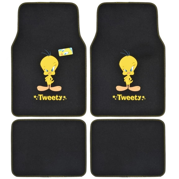 BDK Warner Bros Looney Tunes Tweety Bird Universal Fit Car Accessories, 4pc Set Carpet Floor Mats, Front 26" x 16.5", Rear 14" x 16.5" Car Mats with No-Slip Grip - Yellow and Black