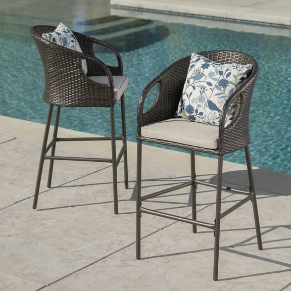 Warner Outdoor Wicker Barstools with Cushions, Set of 2, Multibrown, Light Brown