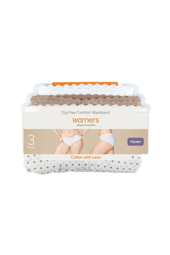 Warners® Blissful Benefits Women's Dig-Free Comfort Waist with Lace Cotton 3-Pack Hipster